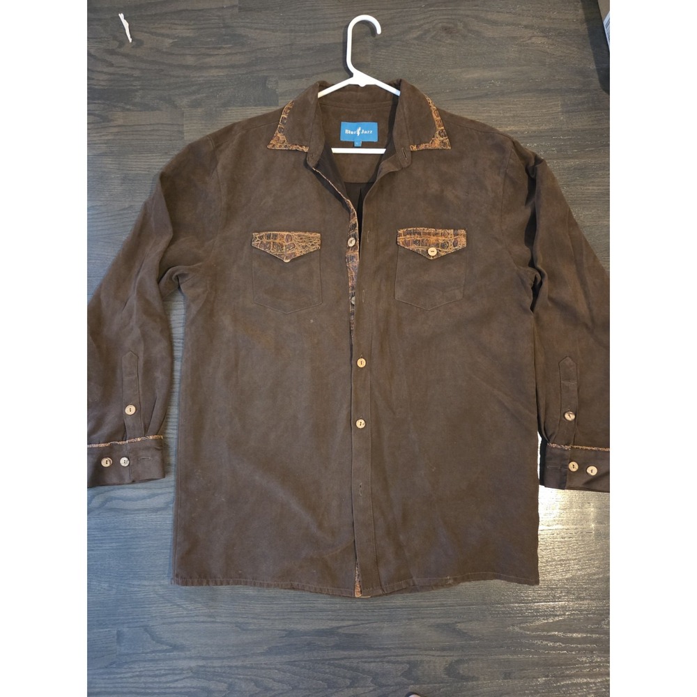 Vintage Blue Jazz Western brown log sleeve with faux alligator skin shirt Large